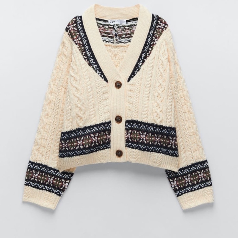 Zara Cream Cable Knit Fair Isle Trim Cardigan